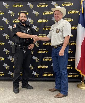 The Austin County Sheriff’s Office would like to congratulate Deputy Ivan Tapia on his recent promotion to Sergeant. With Tapia’s hard work and dedication to this profession, the department is excited to see the positive impact he will have in his new role. Tapia is pictured with Austin County Sheriff Jack Brandes Courtesy photo
