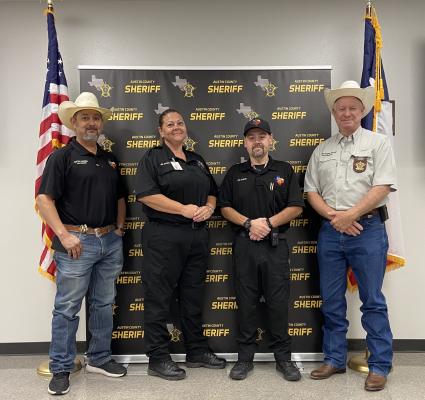 The Austin County Sheriff's Office would like to congratulate Jail Staff Ervin Montgomery and Sherry Rochen on their promotions. Montgomery has been with the agency for nine years, promoted from Sergeant to Lieutenant and Rochen has been with the department for five years, promoted from Jailer to Sergeant. Pictured left to right: Jail Capt. Paredes, Sgt. Rochen, Lt. Montgomery and Sheriff Jack Brandes. COURTESY PHOTO