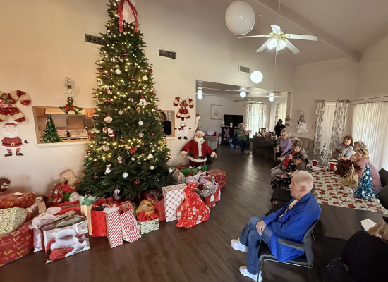     Residents of the Silver Lake Retirement Community gather around the decorated Sealy News’ Angel Tree, Friday, Dec. 19. 