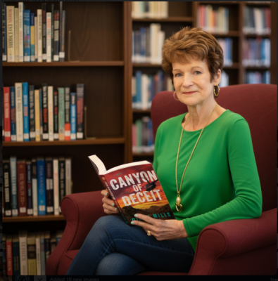 DiAnn Mills sits with a copy of her latest novel “Canyon of Deceit.” PHOTO COURTESY OF MILLS