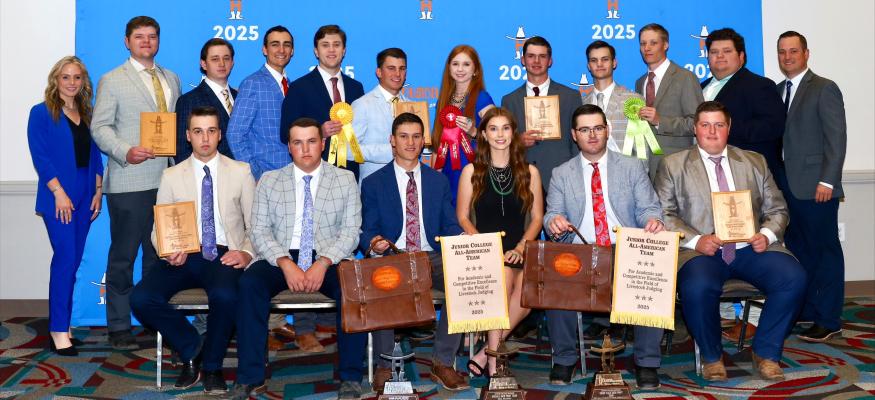 The Blinn College livestock judging team placed third this year at the Houston Livestock Show and Rodeo contest. Pictured are (front, from left) Cash Dean, Lane Hogan, Grant Kubala, Maggie Brumnett, Owen Seidenberger, and Maddox Hartmann; and (back, from left) coach Adrian Austin, Jakob Sansom, Mason Wurzbach, Lane Higbie, Grayson Oliver, Cayl Doise, Shelby Cones, Benjamen Isaacks, Riley Huser, Cole Monroe, Landon Kelley, and coach Quest Newberry.