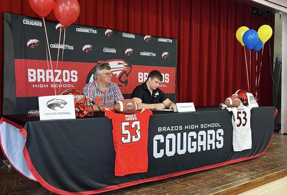 Brazos senior Kasey Zientek has signed a college letter of intent to play football at Howard Payne University. Zientek was a key member of the Cougars’ offensive and defensive fronts for the past few seasons. COURTESY PHOTO