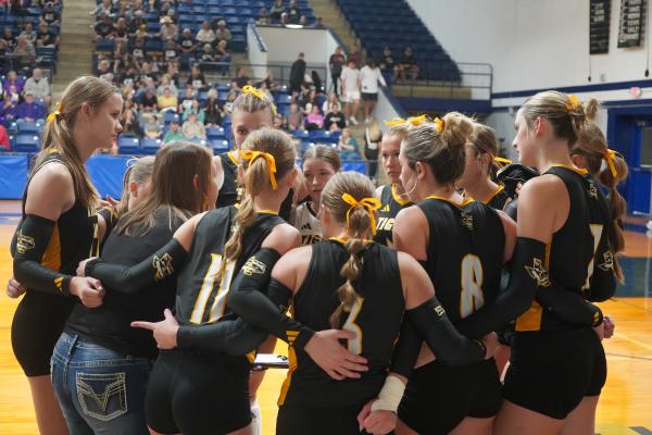 Tigers huddle before the 3rd set
