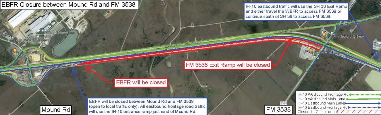 Sunday, March 27, the eastbound Frontage Road of Interstate Highway 10 will be closed from 9 p.m. until 6 a.m. Wednesday, March 30, for the construction of the westbound frontage road. CONTRIBUTED PHOTO