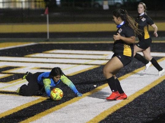 Sealy junior Hailey Arteaga sprawls out to make a save in a non-district contest against Giddings on Jan. 5. Arteaga was one of three Lady Tigers who earned all-district honorable mentions in District 20-4A. (Cole McNanna/Sealy News)