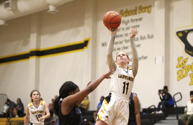 Sealy junior Evelyn Harrington earned first-team all-district honors for her 2020-2021 season as voted on by the other District 24-4A coaches. Pictured is Harrington putting up a shot in a non-district home game against Rice Nov. 7, 2020. (Cole McNanna/Sealy News)