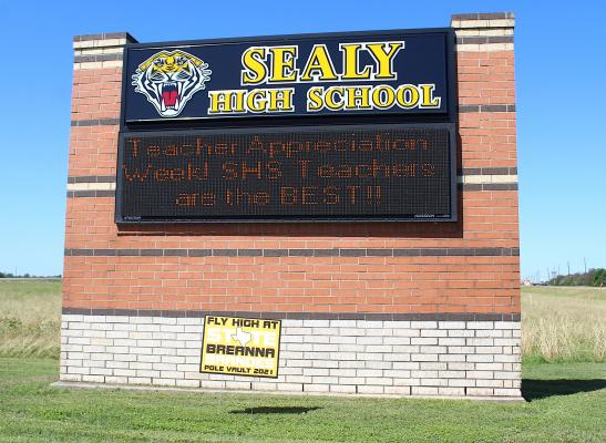 Sealy's Breanna Brandes was wished well with a sign at the high school's entrance the week leading up to May 6's track and field state championship at Mike A. Myers Stadium at the University of Texas at Austin. (Cole McNanna/Sealy News)