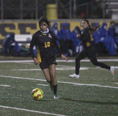 Sealy freshman Rebeca Garza controls a ball during the Lady Tigers’ non-district finale against Needville at T.J. Mills Stadium on Jan. 11. Garza potted four goals in the district-opening win over Hempstead last Friday. (Cole McNanna/Sealy News)