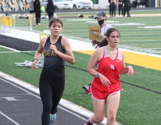 Sealy freshman Allyson Guerrero provided wins in the 1600- and 3200-meter runs to help the Lady Tigers win their host meet last Thursday at T.J. Mills Stadium. (Cole McNanna/Sealy News)