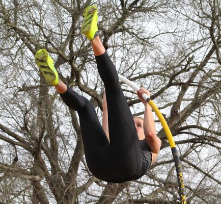 Sealy junior Breanna Brandes executes a pole vault attempt at the Sammy Dierschke Relays hosted at T.J. Mills Stadium March 11. Brandes was one of 11 individual champions for the Tigers from last week’s District 24 Championship. (Cole McNanna/Sealy News)