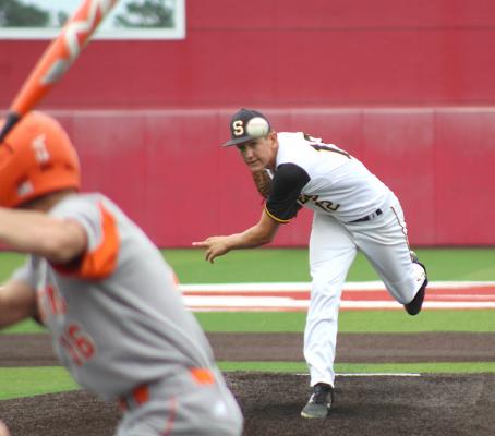 Sealy senior Rhys Reichardt throws a pitch during the first game of the Tigers’ area playoff series against Orangefield at Crosby High School last Thursday, May 13. COLE MCNANNA