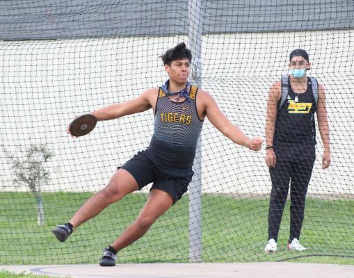 Jonathan Monterroza prepares to launch the discus at the March 11 Sammy Dierschke Relays at T.J. mills Stadium in Sealy. Monterroza was one of 11 individual champions for the Tigers from last week’s District 24 Championship. (Cole McNanna/Sealy News)