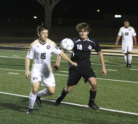 Tiger sophomore William Forrester battles with a Giddings attacker in Sealy’s defensive end of the non-district battle at T.J. Mill Stadium on Jan. 18. (Cole McNanna/Sealy News)