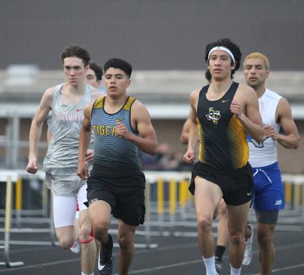 Tiger runners Xavier Olvera and Daniel Medrano lead the pack during the 800-meter run at the annual Sammy Dierschke Relays held last Thursday at Sealy’s T.J. Mills Stadium. (Cole McNanna/Sealy News)