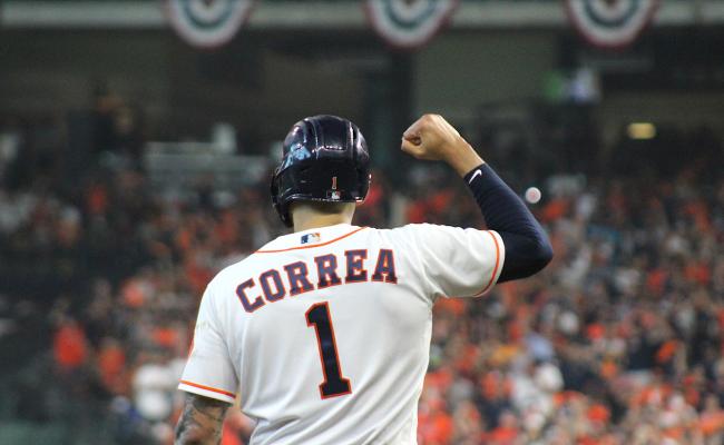 Astros shortstop Carlos Correa celebrates a run scoring during last Thursday's ALDS Game 1 against the Chicago White Sox at Minute Maid Park. Houston moves onto an ALCS matchup against the Boston Red Sox starting Friday. COLE McNANNA