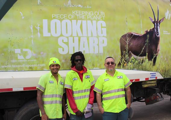 Brandon, James and George from Texas Disposal Systems stopped by The Sealy News office on their route March 17. (Cole McNanna/Sealy News)