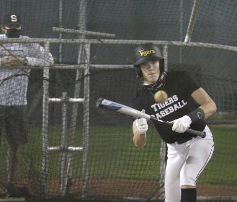 Sealy senior Austin DeBerry lines up a bunt as part of the batting practice held at the end of the first official day of practice last Friday, Jan. 22, at Aubrey “Mutt” Stuessel Stadium. (Cole McNanna/Sealy News)