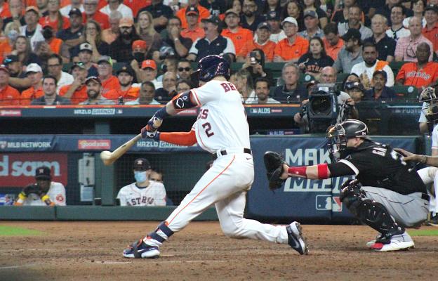 Houston third baseman Alex Bregman connects with a pitch during Game 1 of the ALDS at Minute Maid Park against the Chicago White Sox Thursday afternoon. COLE McNANNA
