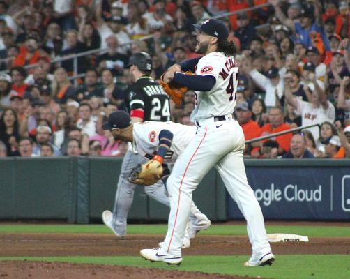 Houston pitcher Lance McCullers Jr. yells in excitement after a seventh-inning double play Thursday afternoon in Game 1 of the ALDS at Minute Maid Park. COLE McNANNA