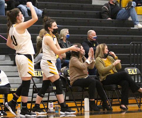 The Sealy Lady Tiger bench celebrates a three-pointer during a district game against Navasota at home Feb. 2. Assistant coaches Caroline Owen (basketball middle school coach of the year)and Danielle Eschenburg (cross country sub-varsity coach of the year) were recently announced as honorees from the Texas Girls Coaches Association, the largest association of girls’ sports in the state. COLE McNANNA