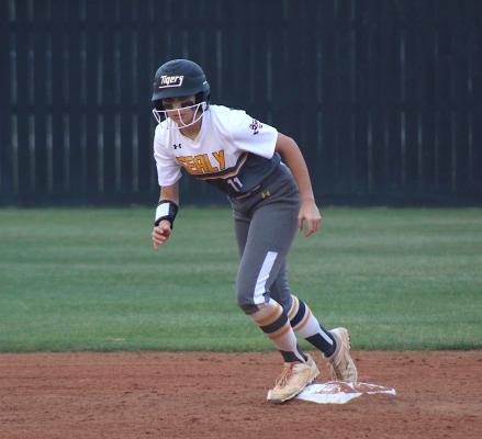Sealy senior Callie Cooper eyes a stolen base during the final home game of the regular season last Friday against Navasota. The Lady Tigers won, 7-2. (Cole McNanna/Sealy News)