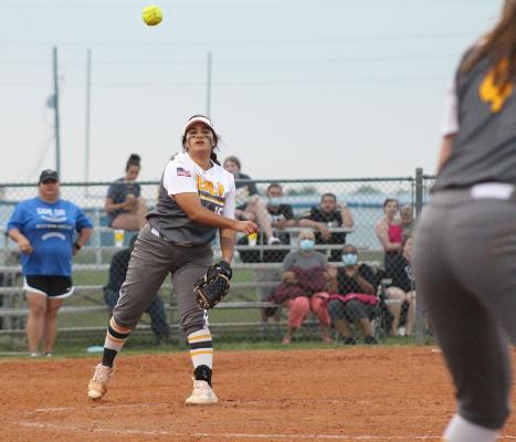 Lady Tiger senior Kayla Camacho fields her position and fires a throw to first base to record an out during her senior-night start in the pitcher’s circle against Navasota last Friday at the Sealy High School Softball Stadium. (Cole McNanna/Sealy News)