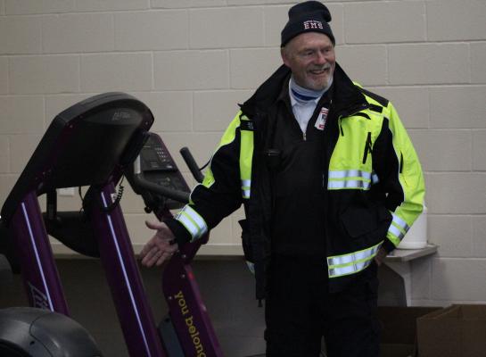 During Winter Storm Uri Feb. 18, Austin County EMS Assistant Chief Jim Turnbull displays the workout equipment at EMS Station No. 2 that helped him continue his rehab after returning to the job following an off-duty displaced tibial plateau fracture and broken ankle. COLE McNANNA