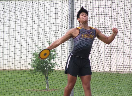 Tiger junior Jonathan Monterroza won the discus event on this final attempt in the vector at the Area Championships at T.J. Mills Stadium last Wednesday. (Cole McNanna/Sealy News)