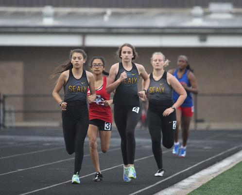 Sealy distance runners Allyson Guerrero, Annabelle Williams and Madison Manak led the pack during the 1600-meter run at the Area Championships hosted at T.J. Mills Stadium last Wednesday. The trio all finished in the top four and punched a ticket to regionals in the event. (Cole McNanna/Sealy News)