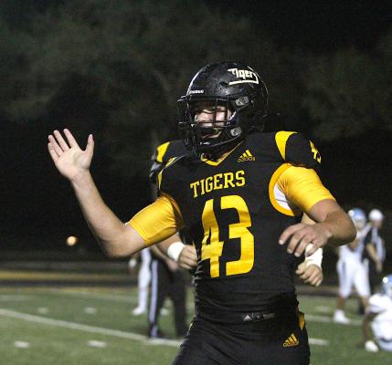 Sealy junior William Forrester celebrates a fumble recovery during the Tigers’ home district game against Sweeny Oct. 22, 2021, at T.J. Mills Stadium. He was recently announced as a member of the Padilla Poll All-State second-team defense. COLE McNANNA