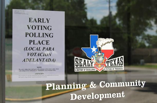 Sealy City Hall is the early voting location for Sealy-area residents. Early voting runs from April 19 to 27 and city hall is open for voting weekdays from 8 a.m. to 5 p.m. 12-hour voting days (7 a.m. to 7 p.m.) are scheduled for April 26 and 27. COLE McNANNA