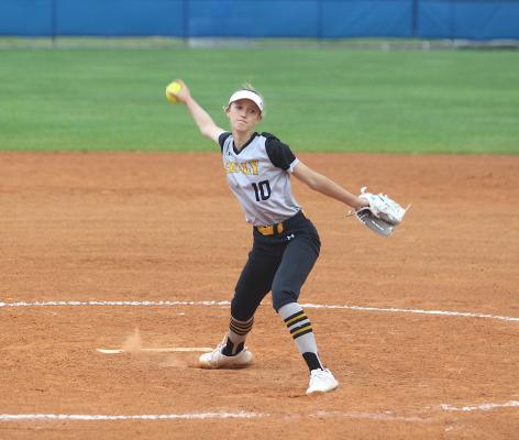 Emily Luther winds up a pitch during Sealy’s District 24-4A battle against Royal earlier this week on the road.