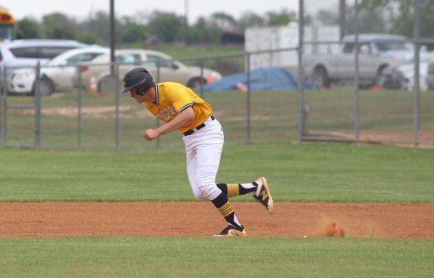 Bass Blundell takes off to steal second base in the third inning of a District 24-4A game against Royal on Monday. (Cole McNanna/Sealy News)
