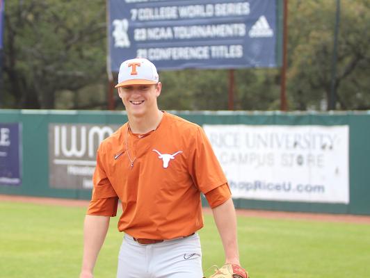 Justin Eckhardt warms up at Reckling Park before Texas’ season-opening contest against Rice Feb. 15, 2020, in Houston. Eckhardt and the Santa Barbara Foresters won a second straight NBC World Series over the summer. COLE McNANNA