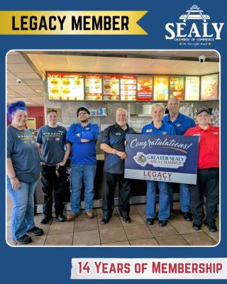 The chamber recognized Sealy’s Dairy Queen for 14 years of membership with the Sealy Chamber as a Legacy member. Blue Blazer Johnny Bonaccorso | Citizens State Bank - Sealy represented the chamber.