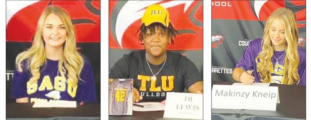 Three Brazos High School student-athletes pledged their commitment to playing at the collegiate level in 2021 across three different sports: cross country (Maddie Kneip), football (D.J. Lewis) and softball (Makinzy Kneip). FILE PHOTOS