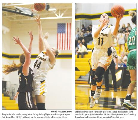 Sealy seniors Julia Jurecka, left, and Evelyn Harrington were named to the all-tournament team in Weimar to close action in 2021. PHOTOS BY COLE McNANNA