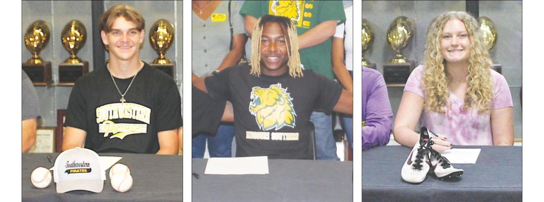 Three Sealy High School student-athletes pledged their commitment to playing at the collegiate level in 2021 across three different sports: baseball (Blake Zaskoda), football (Draper Parker) and cross country (Madison Manak). COLE McNANNA