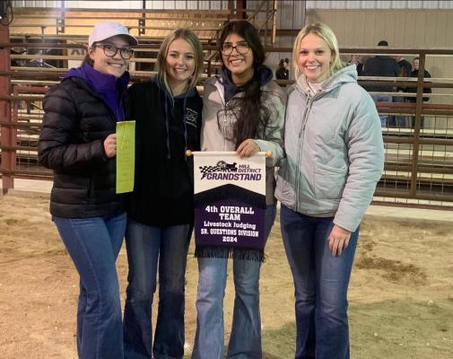 Sealy FFA Livestock team’s kickoff 2024 on a chilly windy hill country day at the Grandstand in Fredericksburg. Sealy Jr FFA earned Champion Junior Team, above left, led by 1st high individual Ainsley Oliver and 5th high Atalie Petrash. Along with Hunter Hinze 11th high and Levi McNeely. FFA 4th high Sr Team, above right, were led by Kenna Schram, 7th high individual, Ryleigh Gilfoil, Makenzie Simmons and Elena Hernandez. COURTESY PHOTOS
