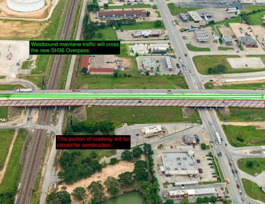 New traffic pattern for westbound travelers on I-10 will have them cross the BNSF and SH36 overpasses. TEXAS DEPARTMENT OF TRANSPORTATION