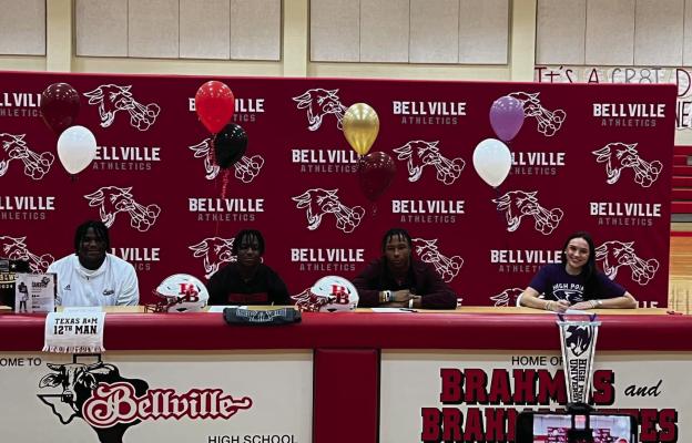 Four Bellville High School seniors signed college letters of intent to continue their sports careers at area colleges. DJ Sanders signed with Texas A&amp;M, DD Murray signed with Arkansas State, D’Ante Keys signed with Texas State and Sydney McKay signed with High Point University.