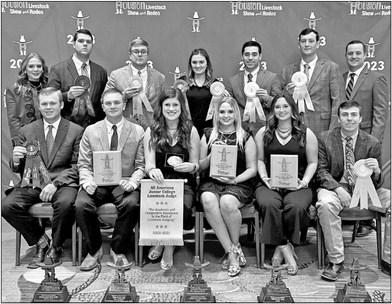 The Blinn College livestock judging team placed third at the Houston Livestock Show and Rodeo competition on Saturday. Team members are (front, from left) Kyle Real, Weston McElroy, Avery Oliver, Kendahl Nix, Taylor Turner, and Gunner Coburn; and (back, from left) coach Adrian Austin, Brady Halfmann, Cade Anderson, Keilee Day, Ethan Sanchez, Eli Hallford, and coach Quest Newberry. CONTRIBUTED PHOTO