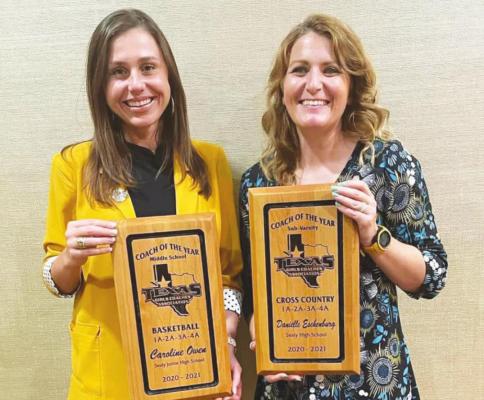 Sealy High School coaches Caroline Owen and Danielle Eschenburg received their plaques last Monday in Arlington for being named the Texas Girls Coaches Association’s basketball middle school coach of the year and cross country sub-varsity coach of the year, respectively.