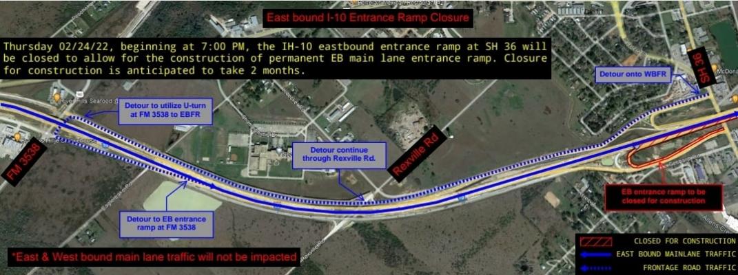The Highway 36 eastbound entrance onto Interstate 10 will be closed while crews work to construct a permanent entrance ramp.