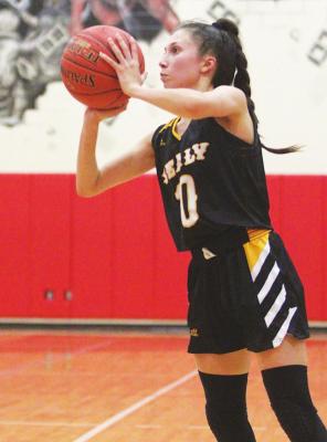 Lady Tiger senior Heaven Hernandez lines up a shot during a district game against Bellville on the road Jan. 8. Hernandez led the team with 28 three-pointers made and was honored on the second-team all-district. (Cole McNanna/Sealy News)