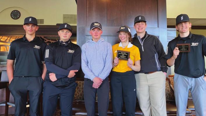 The Sealy Tiger golf team recorded a third-place finish at its host tournament at The Club at Falcon Point in Katy on Monday of this week. Pictured from the left are Jackson Burttschell, Jake Dickens, Steven Dorenbach, Summer Burleson, Brock Montier and Garret Nedd. (Contributed photo)