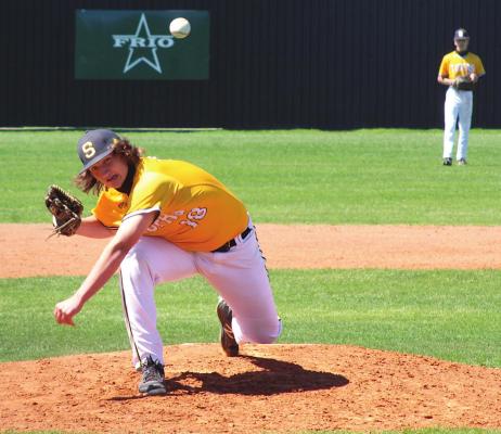 Logan Stilts fires a pitch during the Tigers’ non-district finale against La Grange at Aubrey “Mutt” Stuessel Stadium in Sealy March 18. He provided 1.2 innings of work in the Tigers’ 24-2 win over Royal last Friday. COLE McNANNA