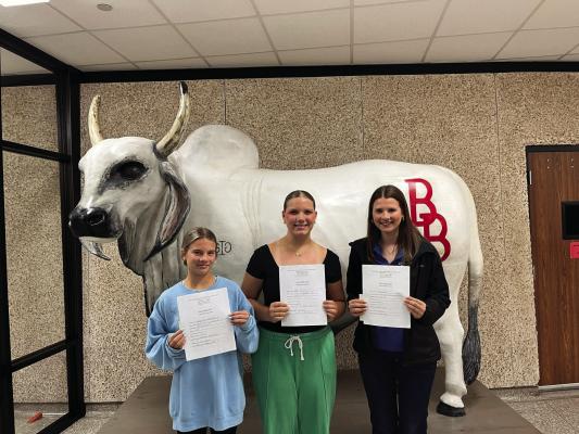 Winners of the Austin County SWCD High School Essay Contest are 1st place Kayleigh Kendrick, 2nd place Ellen Samford, and 3rd place Katelyn Krenek. They are from Bellville High School. COURTESY PHOTO
