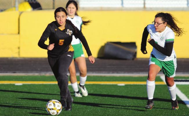 Sealy junior Anya Cano controls the ball in the defensive end during the Lady Tigers’ district-opening match against Hempstead Jan. 21 at T.J. Mills Stadium. COLE McNANNA