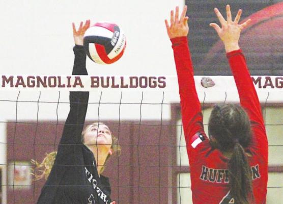 Sealy senior Katie Wagoner rises for an attack at the net during the Lady Tigers’ Area Championship match against Huffman Hargrave in Magnolia last Thursday night. COLE McNANNA